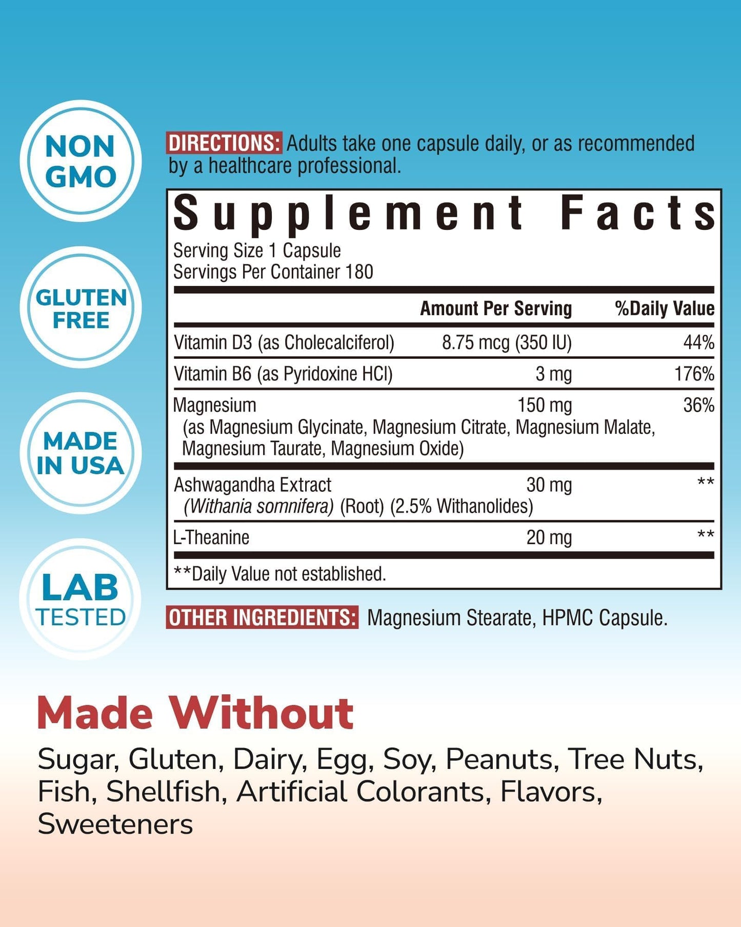 Vitalibre Magnesium Complex with Ashwagandha, L-Theanine & Vitamin D3, B6, 180 Capsules
