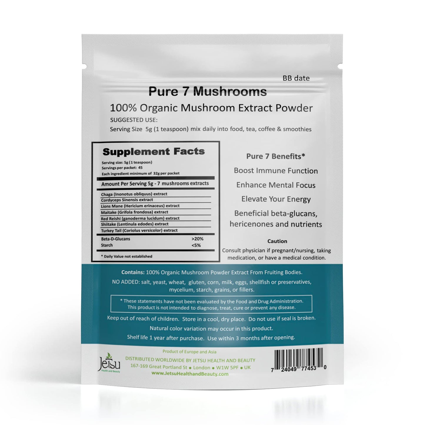 Jetsu Pure 7 Organic Mushroom Extract Powder, 8 oz