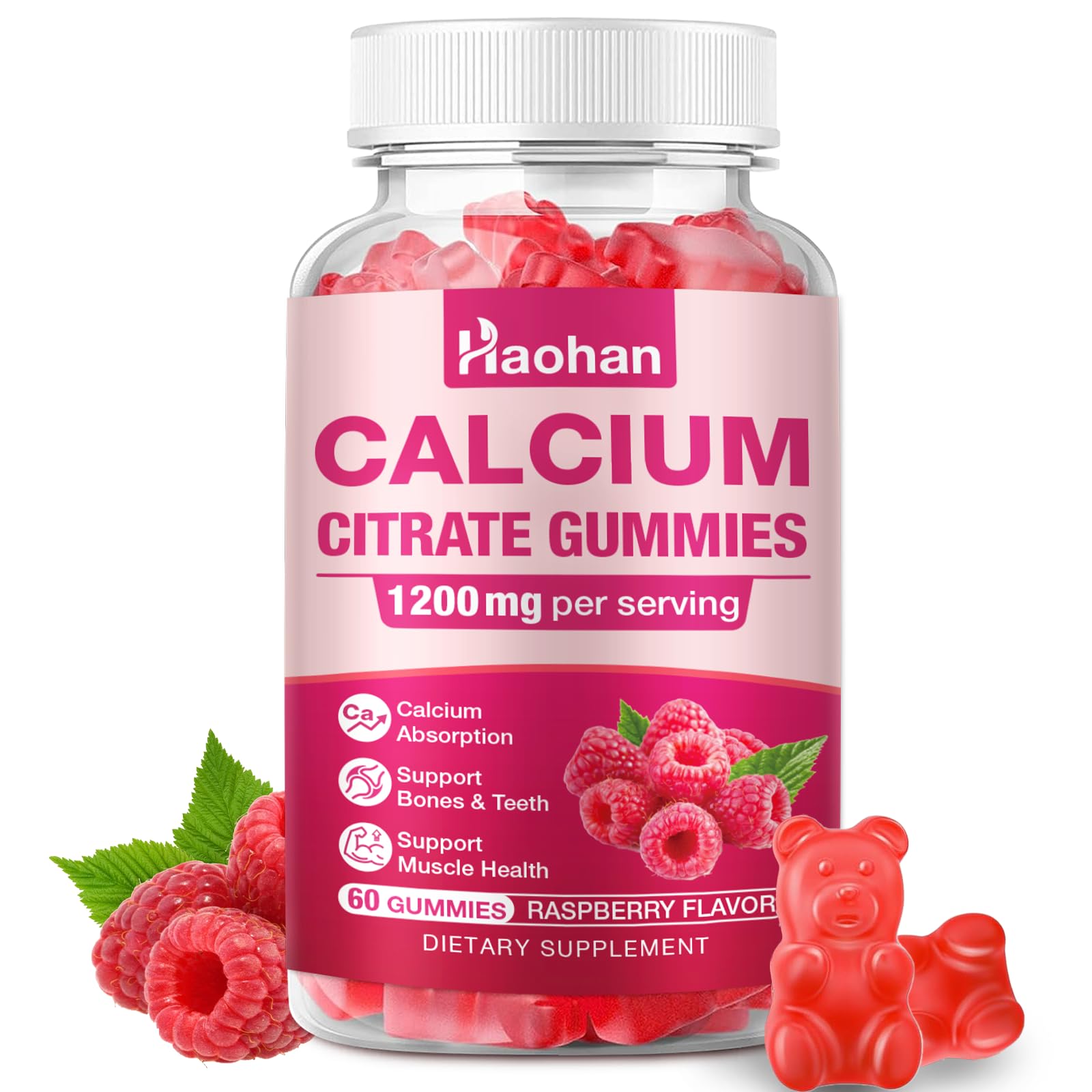 Haohan Calcium Citrate Gummies 1200mg - Raspberry Flavor, Sugar-Free, 60 Gummies