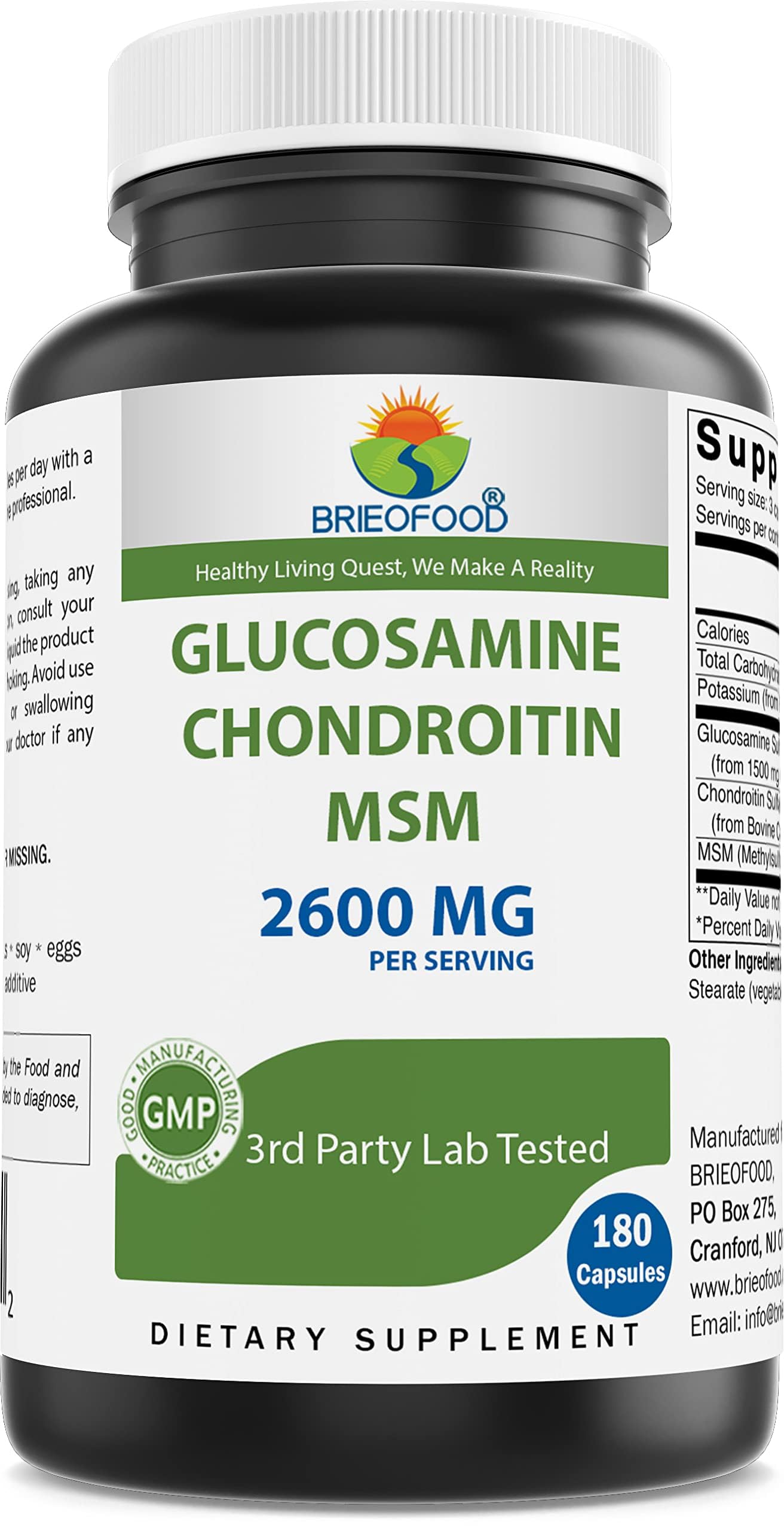 Brieofood Triple Strength Glucosamine Chondroitin MSM 2600mg/Serving Capsules, 180 Count