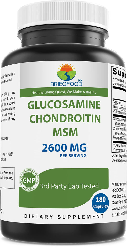 Brieofood Triple Strength Glucosamine Chondroitin MSM 2600mg/Serving Capsules, 180 Count