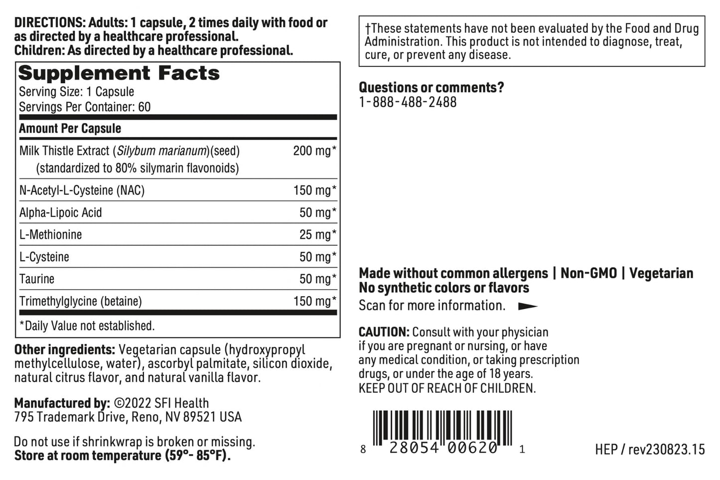 SFI Health Hepatothera Liver Support Complex with Milk Thistle & NAC Capsules, 60 Count