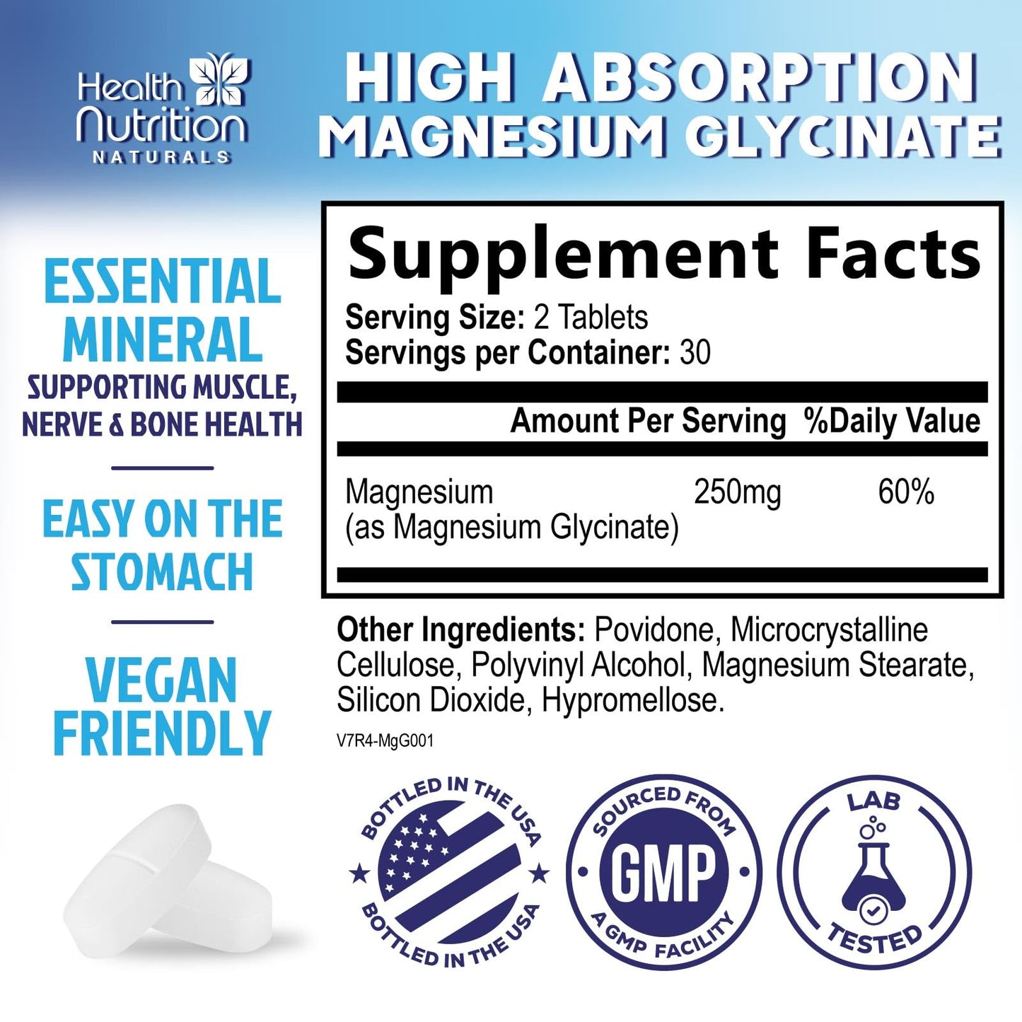 Health Nutrition Naturals Magnesium Glycinate 250mg Tablets 60 Count