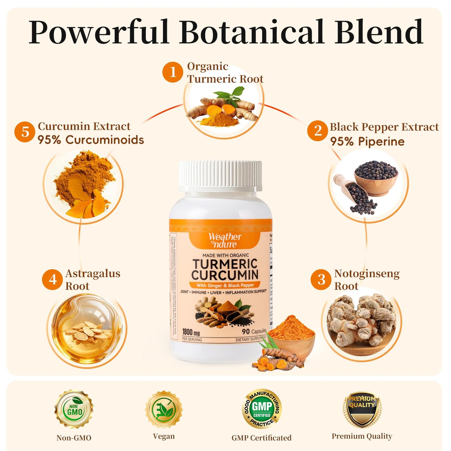 Weatherndure Turmeric Curcumin with BioPerine Immune System Support Standardized to 95% Curcuminoids Enhanced Absorption*, 90 Veg Capsules