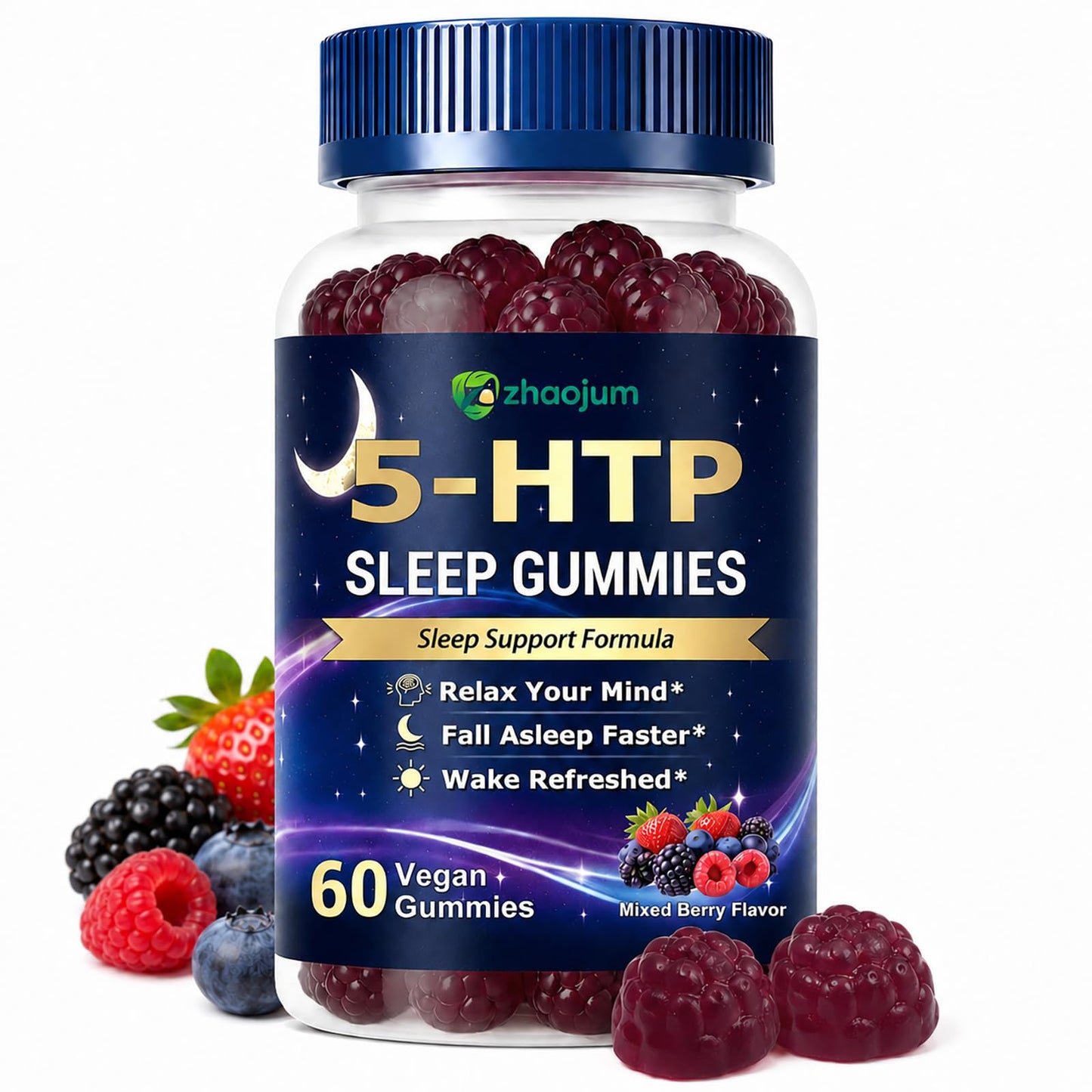 ZhaoJum 5HTP Sleep Gummies with Melatonin, L-Theanine and Magnesium, Sugar Free Calm Mood and Sleep Support, Helps Sleep Faster, Mixed Berry, 60 Gummies
