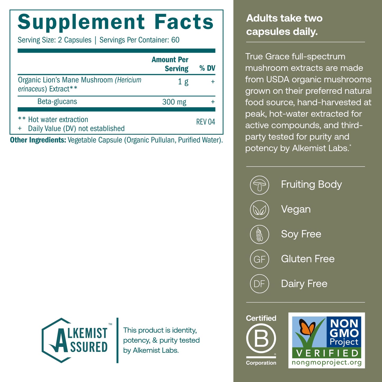 True Grace Mushroom Lion's Mane Brain, Nerve & Cognitive Support Capsules 120