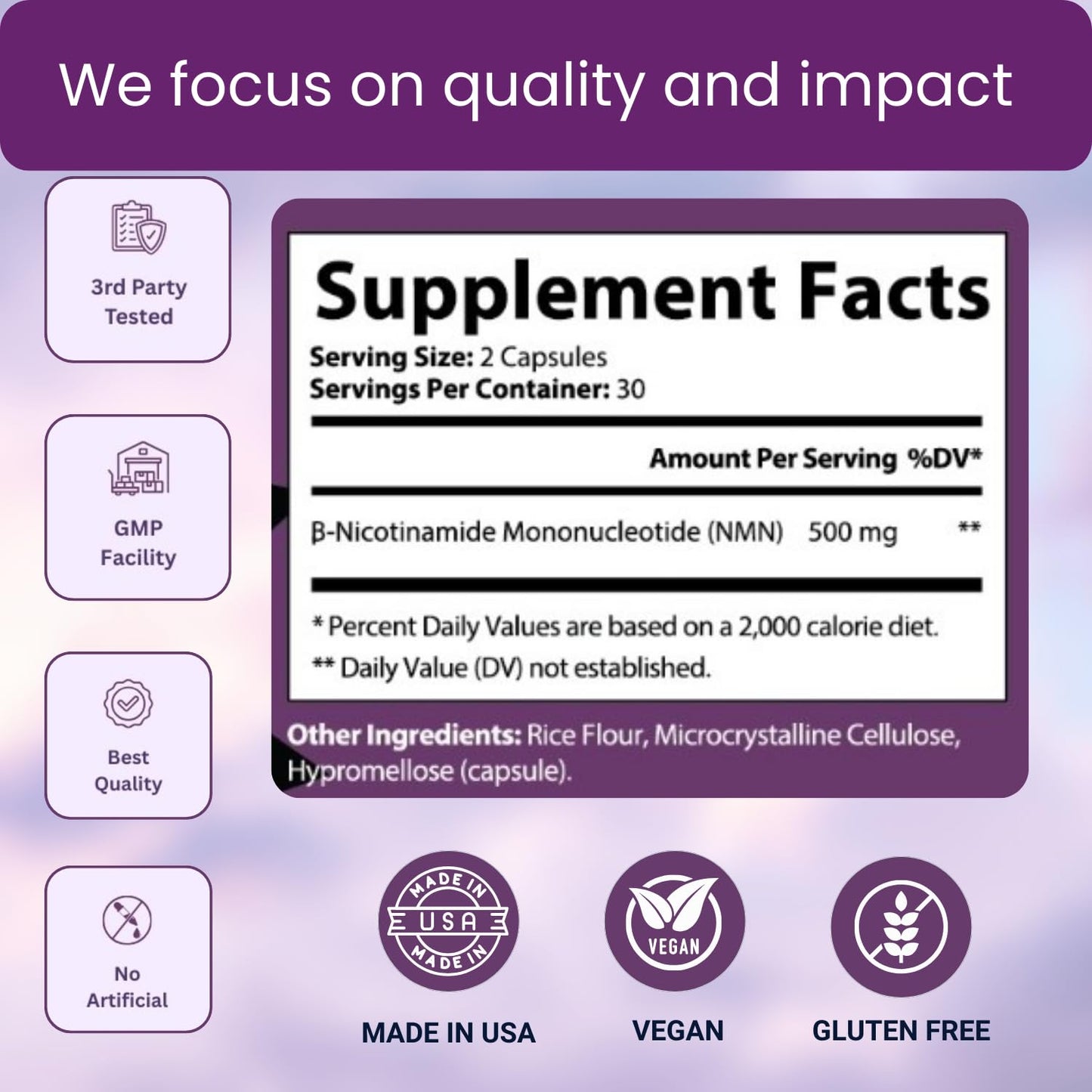 NUTRIDOOR NMN Supplement 500mg Nicotinamide Mononucleotide NAD+ Booster for Anti-Aging & Cellular Energy Capsule 60 Capsules