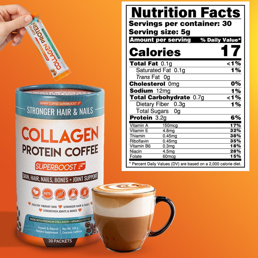 Skinny Coffee SuperBoost Collagen Protein Coffee Powder, 30 Servings
