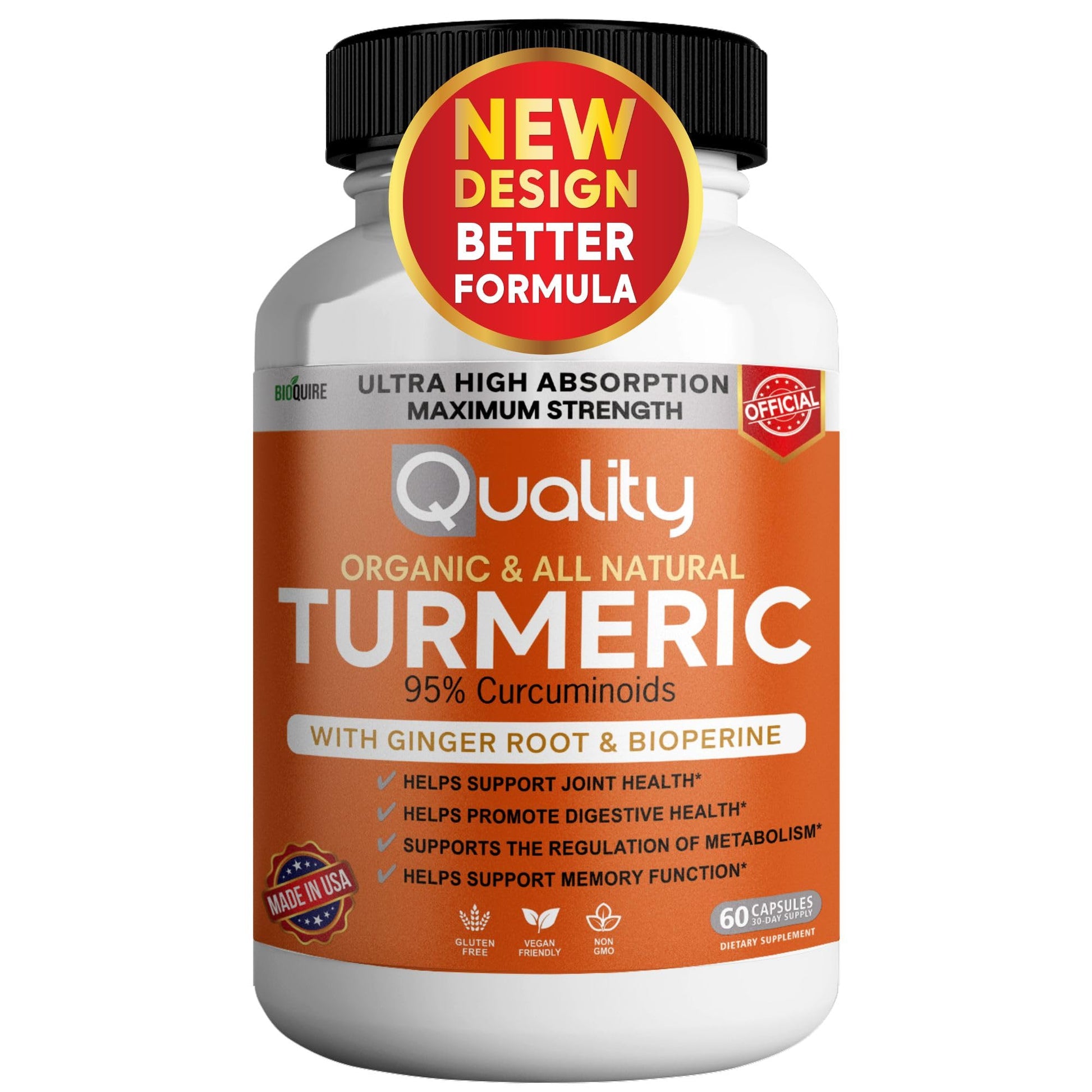 BIOQUIRE Organic Turmeric Capsules with Ginger Root and BioPerine, 95% Curcuminoids, 500mg, 60 Capsules