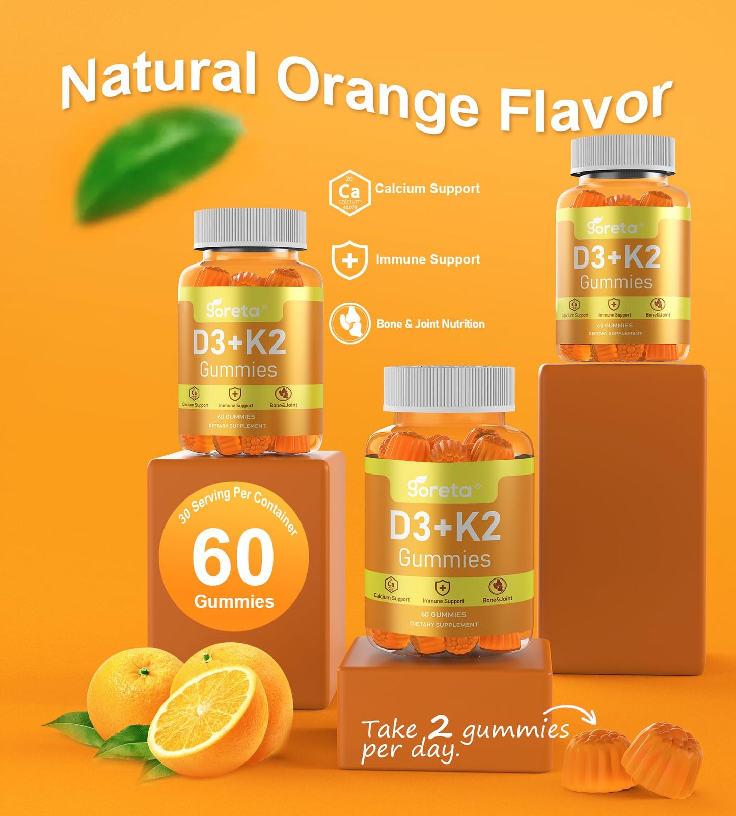 Goreta Vitamin D3 K2 Gummies for Adults with Calcium and Magnesium, 10000 IU Vitamin D3, MK-7, Orange Flavor, Pectin Based, 60 Gummies