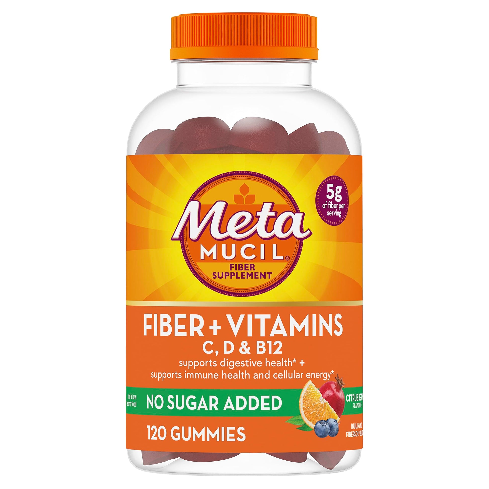Metamucil Fiber Gummies 5g Plant Based Prebiotic Fiber Supplement Blend, No Sugar Added Citrus Berry Flavor, 120 Gummies