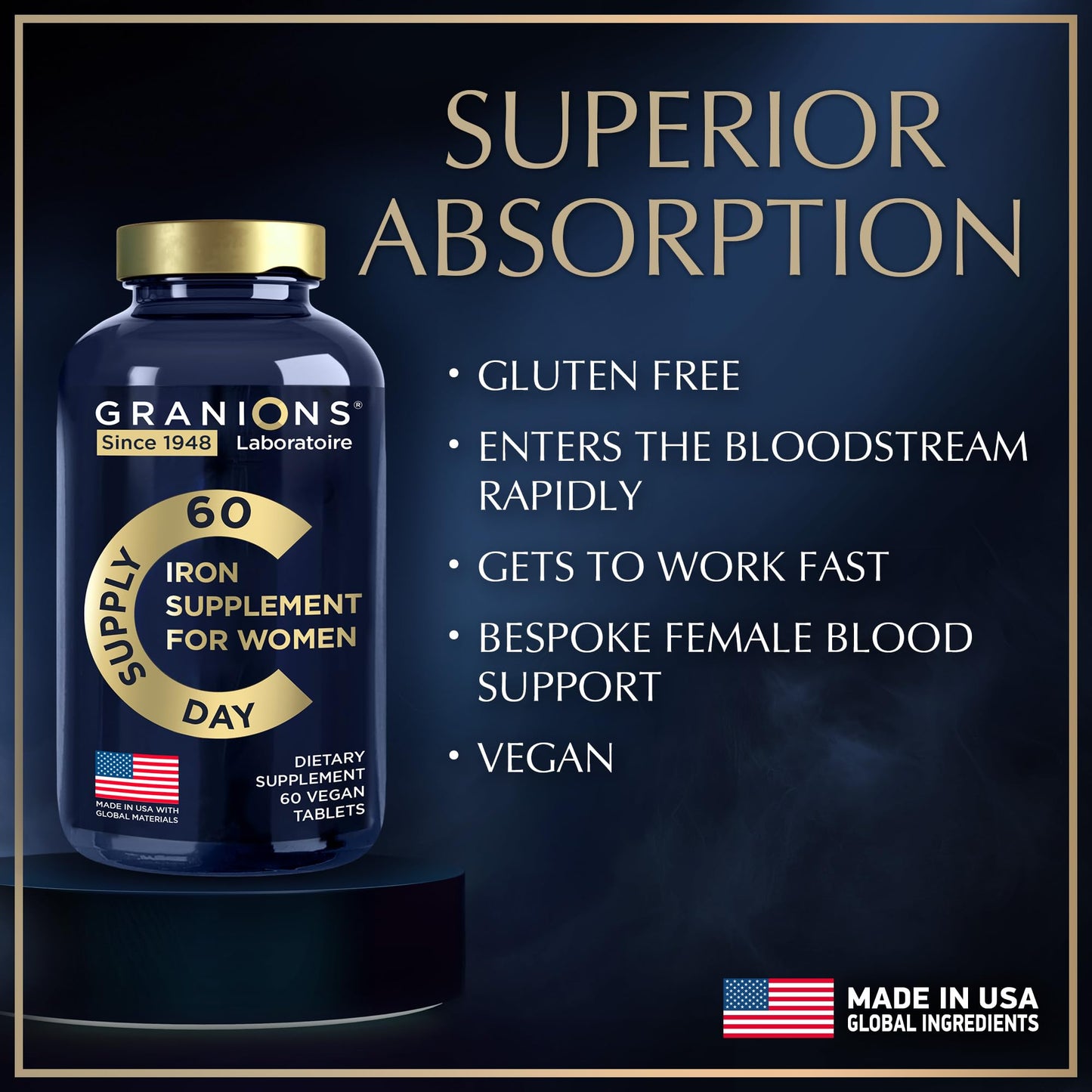 Granions Vegan Iron Supplements for Women Tablets 60 Count