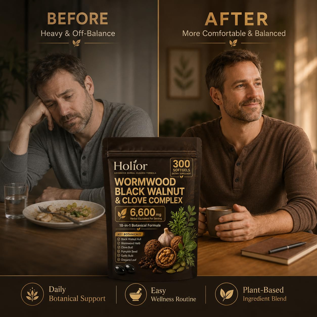 Holior Health Wormwood Black Walnut Cloves Digestive & Gut Balance Support Herbal Formula with Turmeric, Clove, Garlic, Pumpkin Seed & Oregano Softgel 300