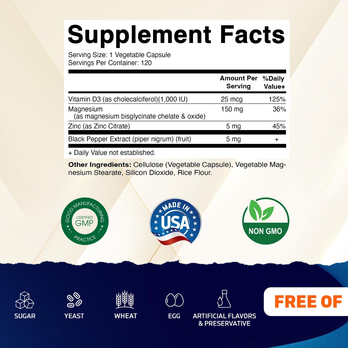 Vitamatic Magnesium (Bisglycinate & Oxide) with Vitamin D3 & Zinc Capsules, 120 Count