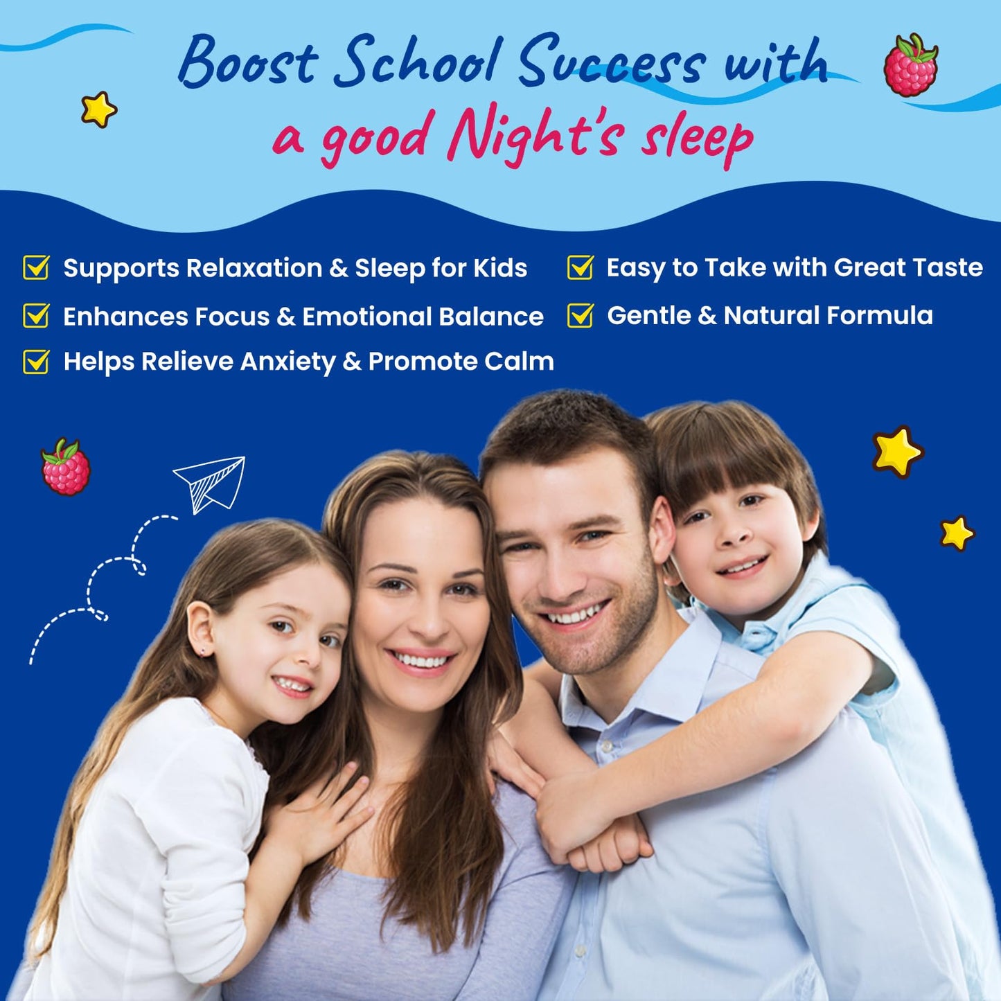 Hovika Magnesium Glycinate Gummies for Kids with L-Theanine, Omega-3, Vitamin B6, D3, Zinc - Sugar Free Raspberry, 60 Gummies