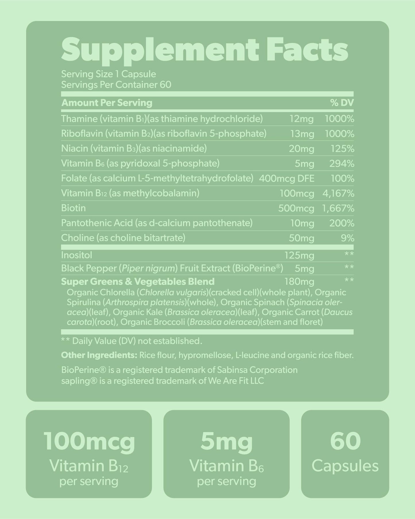 sapling Vegan Vitamin B Complex - Whole Food Blend with Essential B Vitamins B1, B2, B3, B5, B6, B7, Folate, B12 60 Capsules