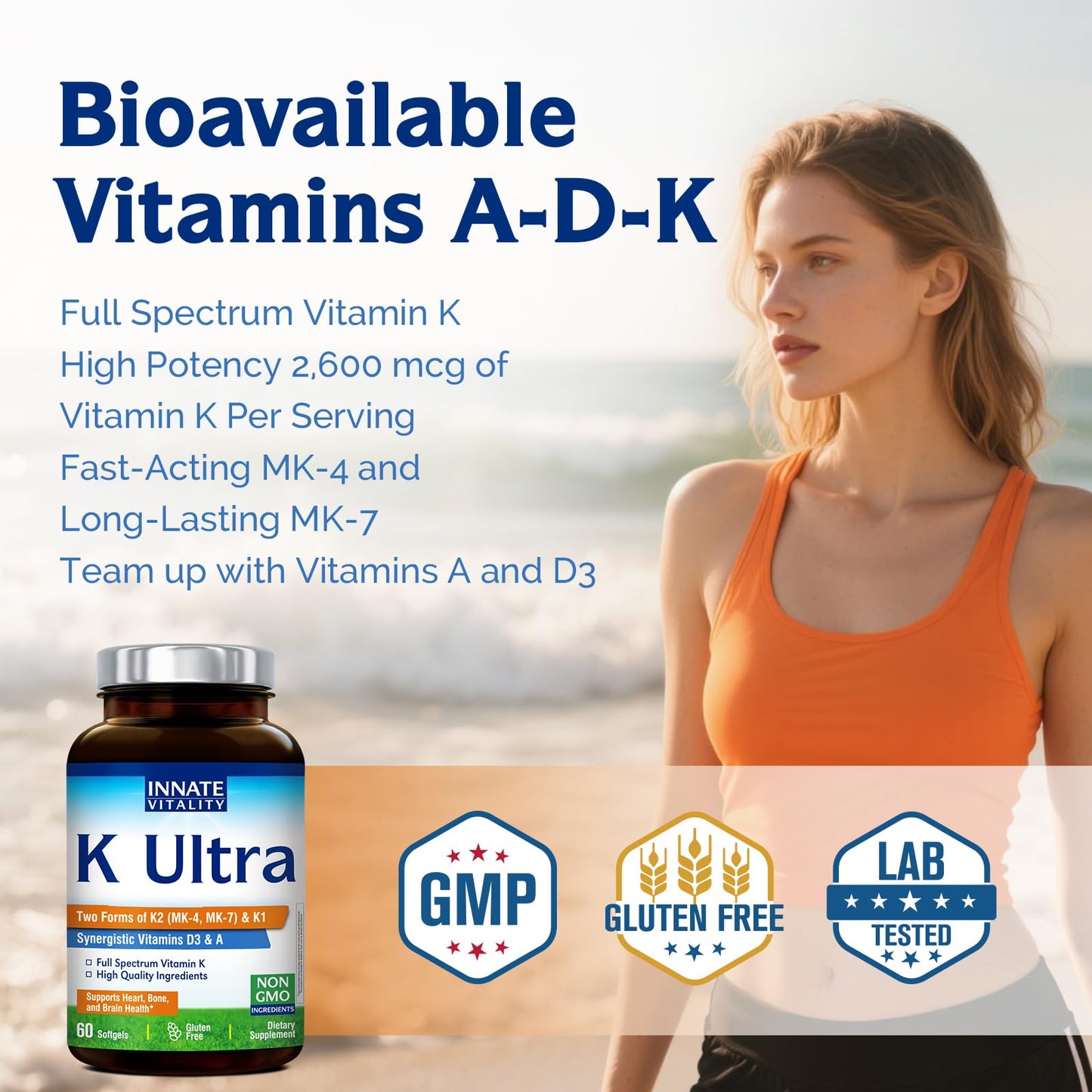 Innate Vitality K Ultra K1 & K2 D3 Vitamin Supplement Softgels, 60 Count