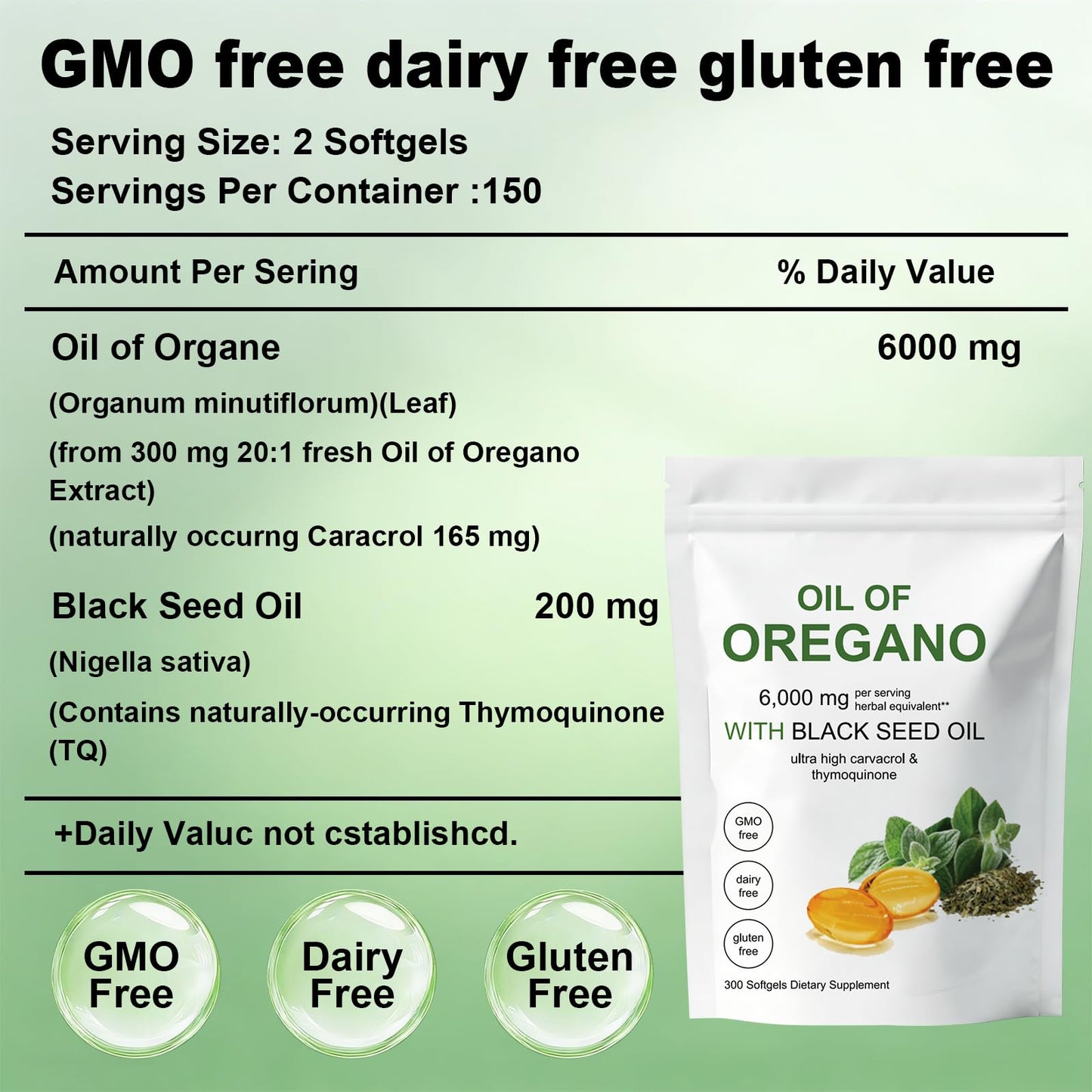 HDFREO Oil of Oregano 6000mg with Black Seed Oil Softgels, 300 Softgels