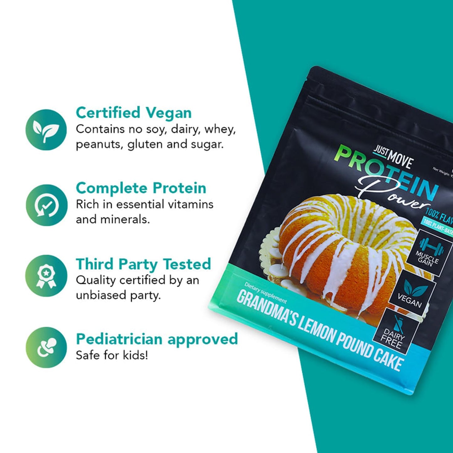 Just Move Protein Powder - Grandma's Lemon Pound Cake - Vegan (Plant Based) - 17.2 oz