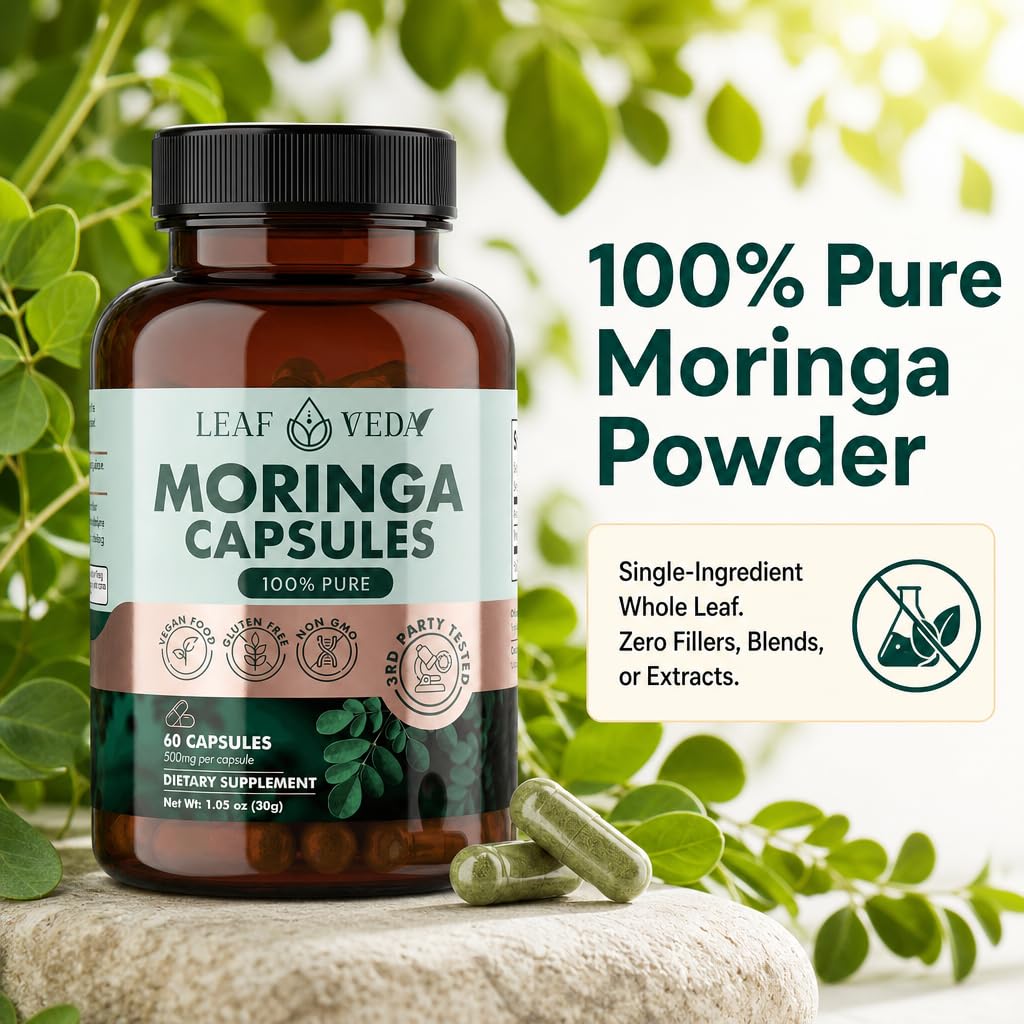 Leaf Veda Pure Moringa 1000mg Capsules, Vegan, Non-GMO, 60 Capsules