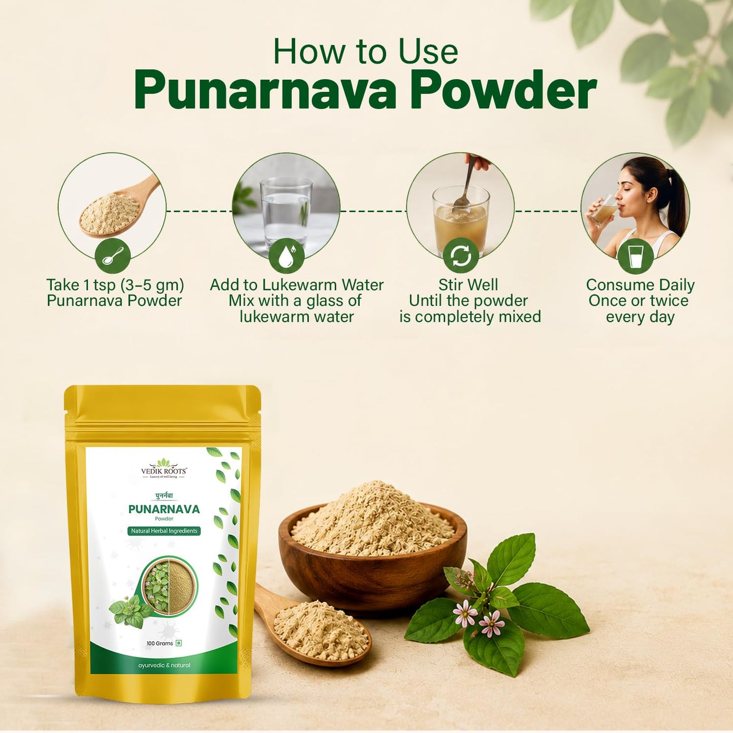 VEDIKROOTS Punarnava Powder 3.53 Ounce