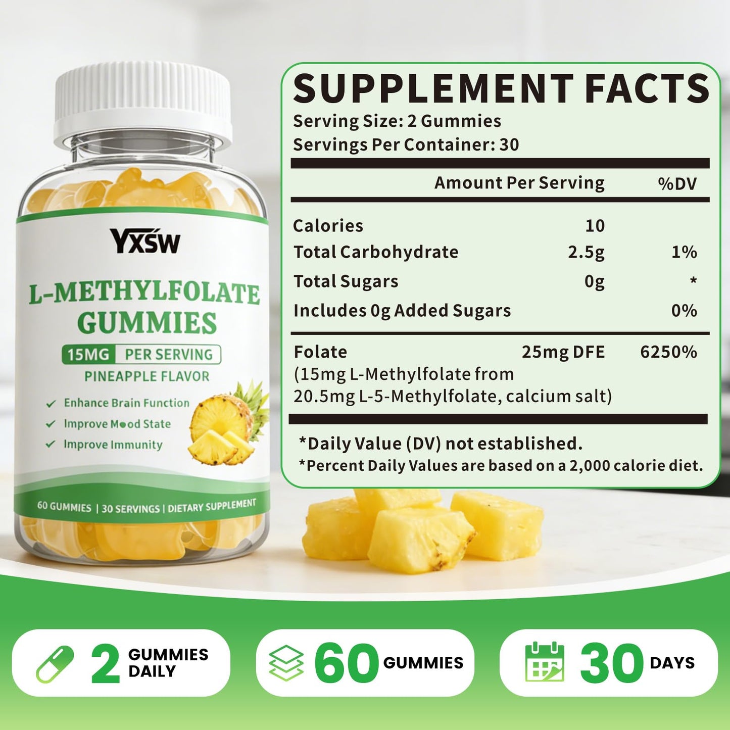 YXSW L-Methylfolate Gummies 15mg, 120 Count