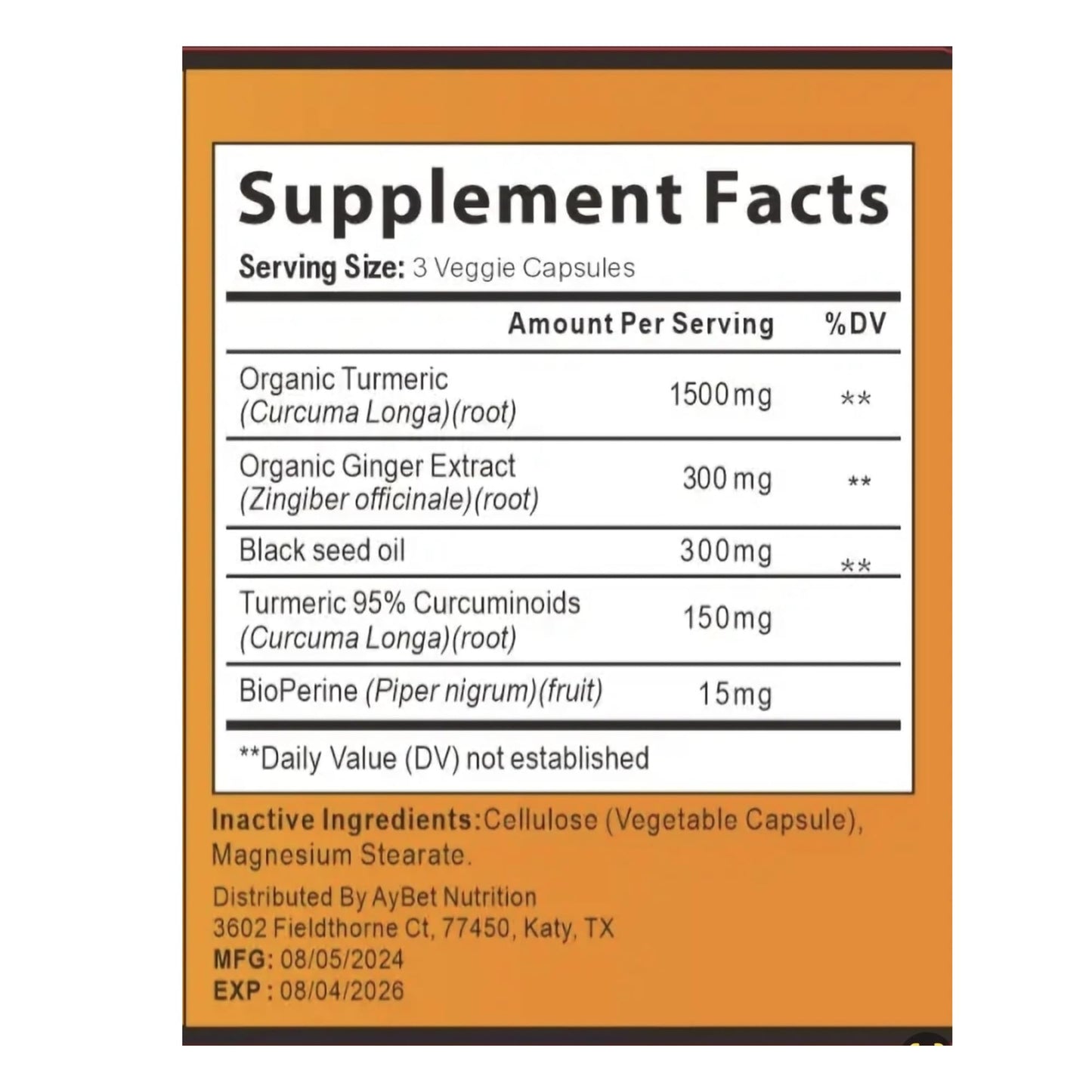 AyBet Turmeric Curcumin Ginger and Black Seed Oil Capsule 120 Count