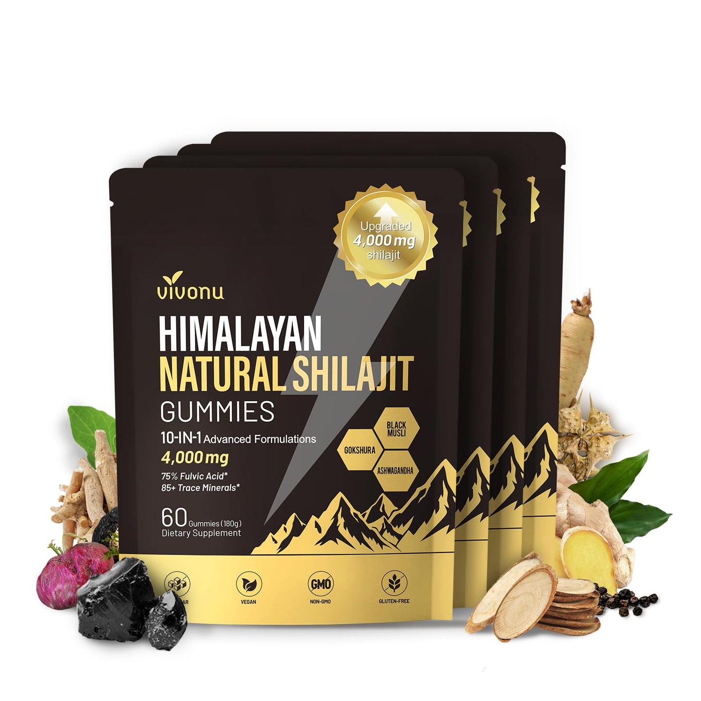 VivoNu Himalayan Shilajit with Ashwagandha & Gokshura Gummies 60