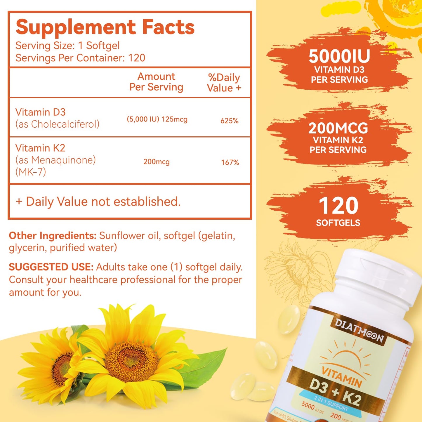DIATMOON Vitamin D3 K2 Supplement Softgels, 120 Count