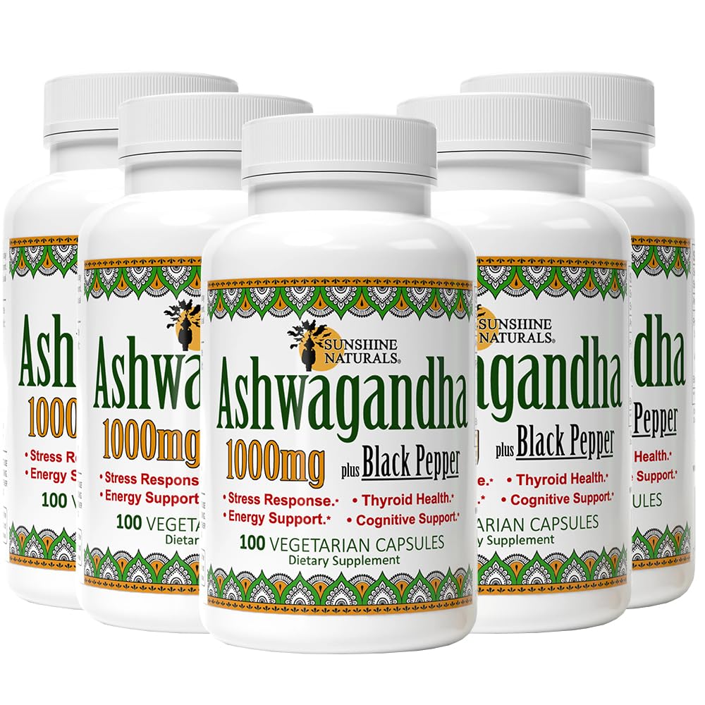 Sunshine Naturals Ashwagandha 1000mg & Black Pepper Dietary Supplement 500 Capsules