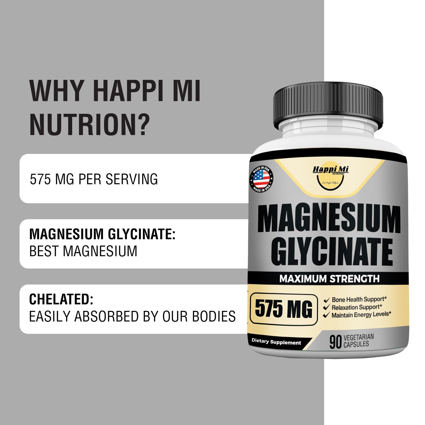 Happi Mi Nutrition Magnesium Glycinate 575mg Capsule, 90 Capsules