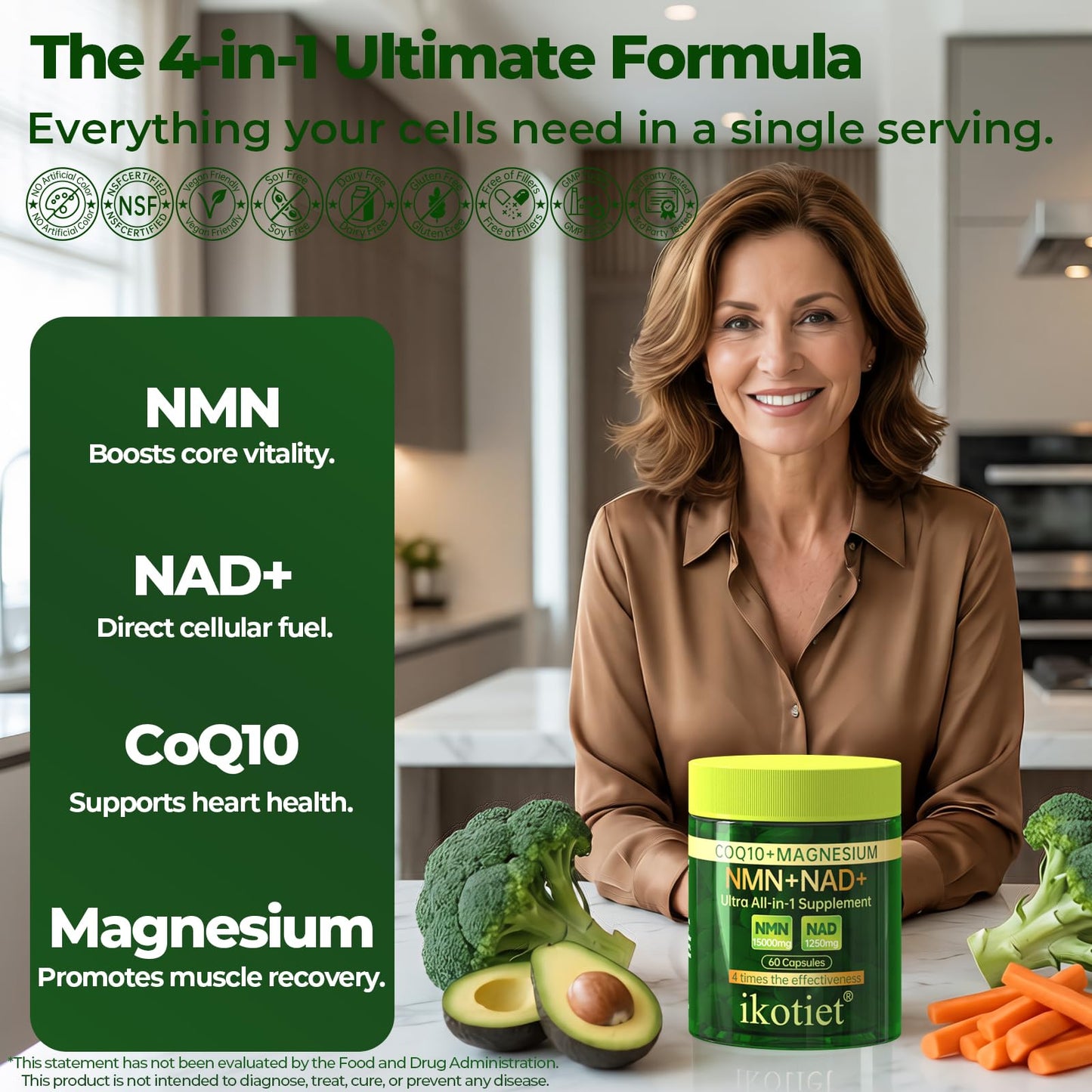Ikotiet Liposomal NAD+ Supplement with CoQ10 and Magnesium - Dual Action NMN+NAD+ Formula - Supports Cellular Energy and Brain Function, 120 Capsules