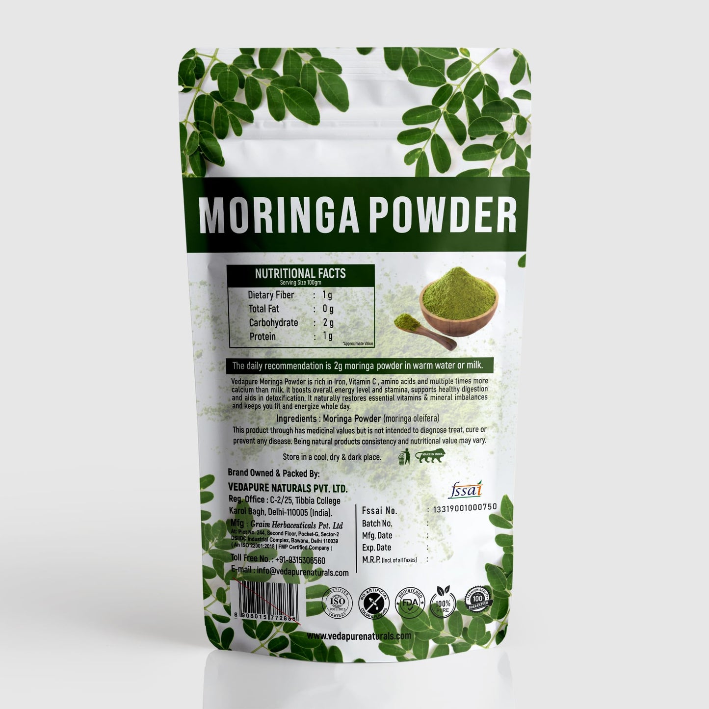 VEDAPURE Organic Moringa Oleifera Leaf Powder, 3.53 Ounce