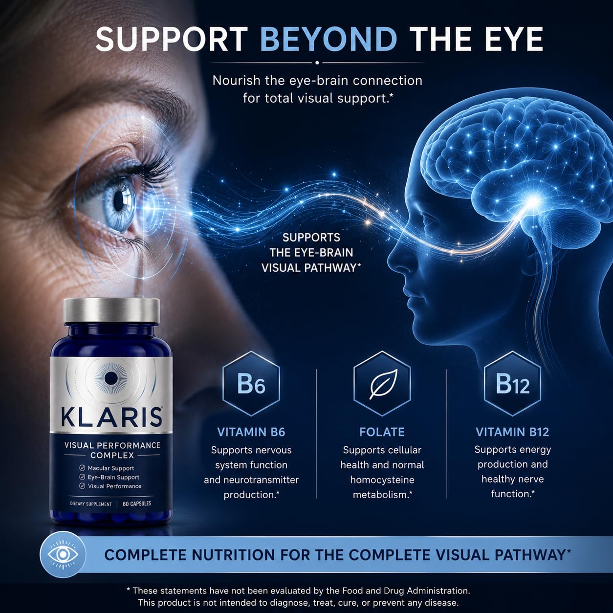 UXZQEN Klaris Visual Performance Complex Capsules, Eye Vitamin with Lutein & Zeaxanthin, Eye-Brain Support, 60 Capsules