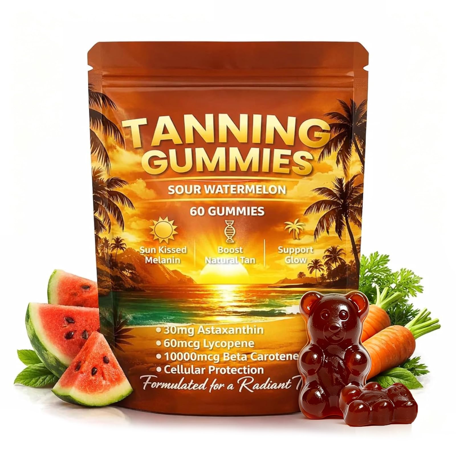 AQILUN Self Tanning Gummies with Astaxanthin, Beta-Carotene, Lycopene & Vitamins, Natural Bronzing Glow, 60 Gummies