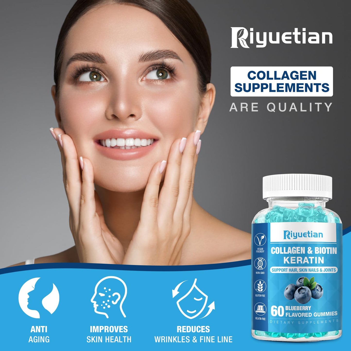 Riyuetian Biotin Gummies 15000mcg with Collagen for Adults, 60 Count