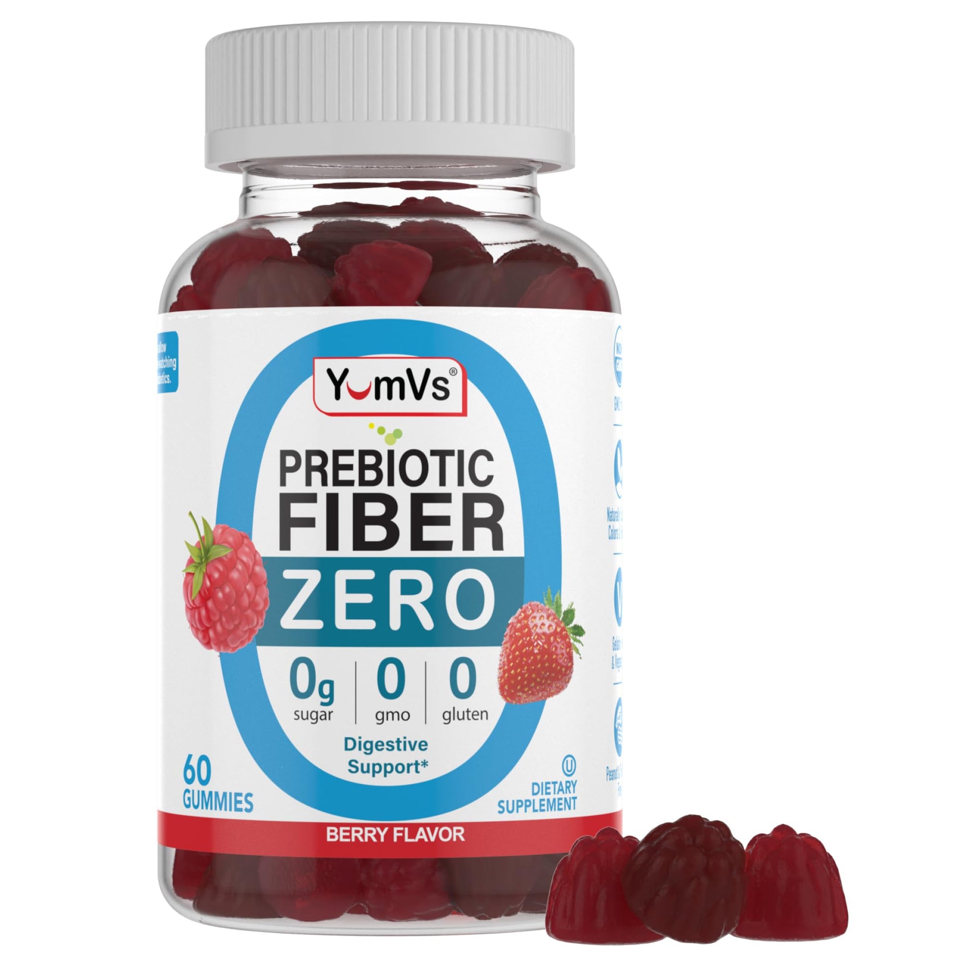 YUM-V'S Sugar Free Fiber Gummies for Adults – 4g Prebiotic Fiber Supplement for Gut & Digestive Health – Keto Friendly, Vegan, Gluten Free, Non-GMO – Great Tasting Berry Flavor, 60 Gummies