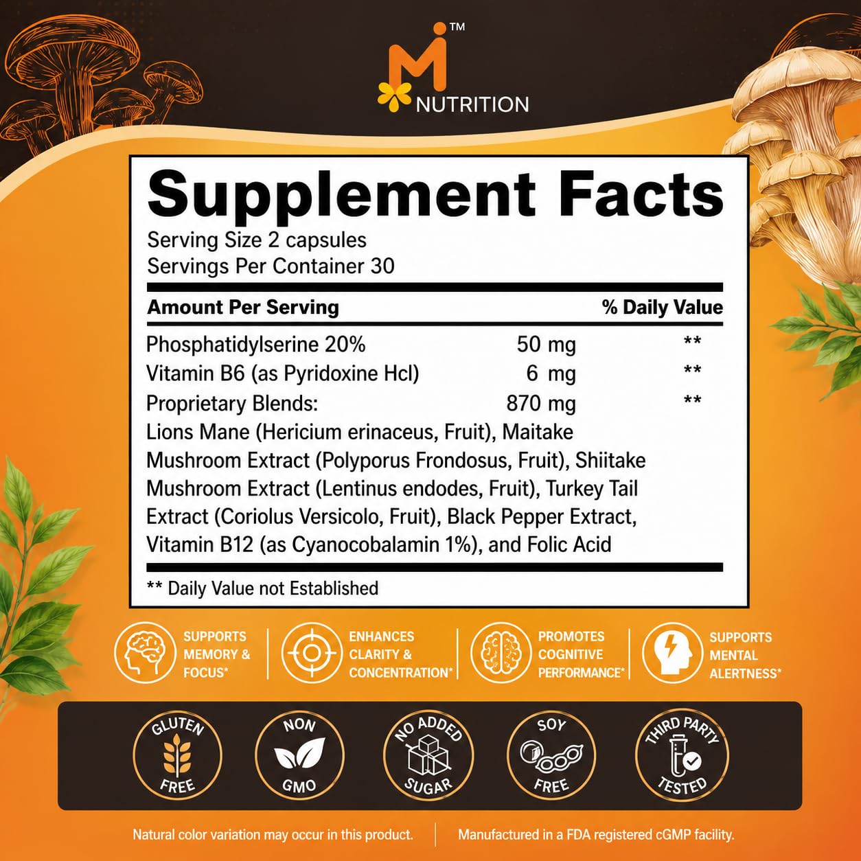 M NUTRITION Memory Mushroom + with Phosphatidylserine, Lions Mane, Turkey Tail, B Vitamins & Black Pepper Brain & Focus Support Supplement, 60 Capsules