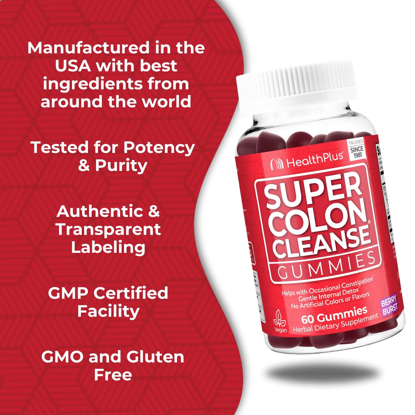 Health Plus Super Colon Cleanse Dietary Supplement, Gentle Relief from Occasional Constipation, Natural Senna Leaf Extract, Mixed Berry Flavor, 60 Gummies