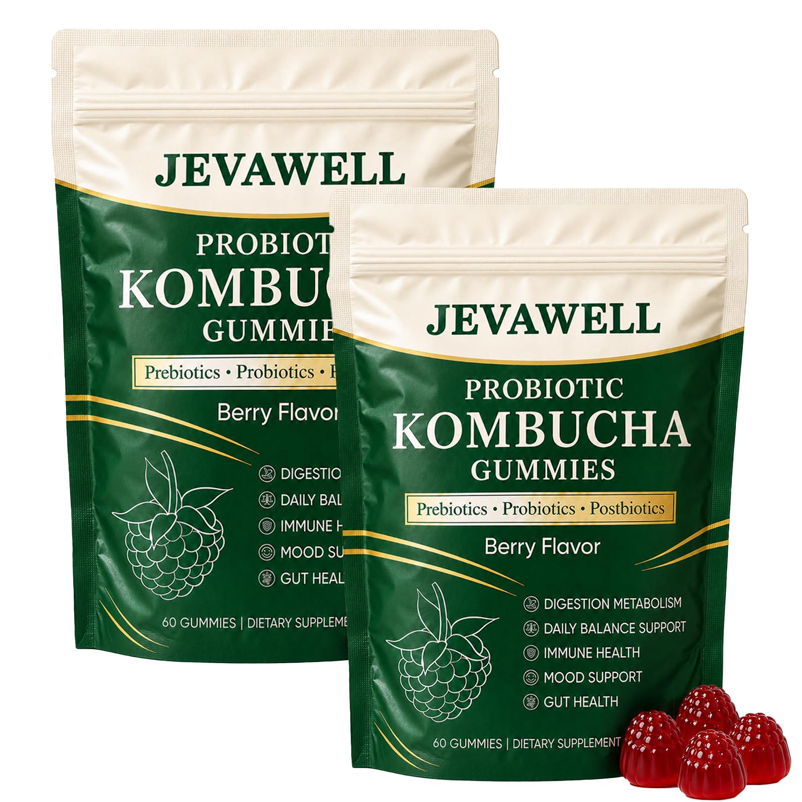 VivaMelhor Jevawell Kombucha Gummies Probiotic Digestive Health Supplement with Organic Prebiotics for Gut Health, Immune Boost, and Natural Energy – Vegan, Non-GMO, Gluten-Free, 120 Gummies (Pack of 2)