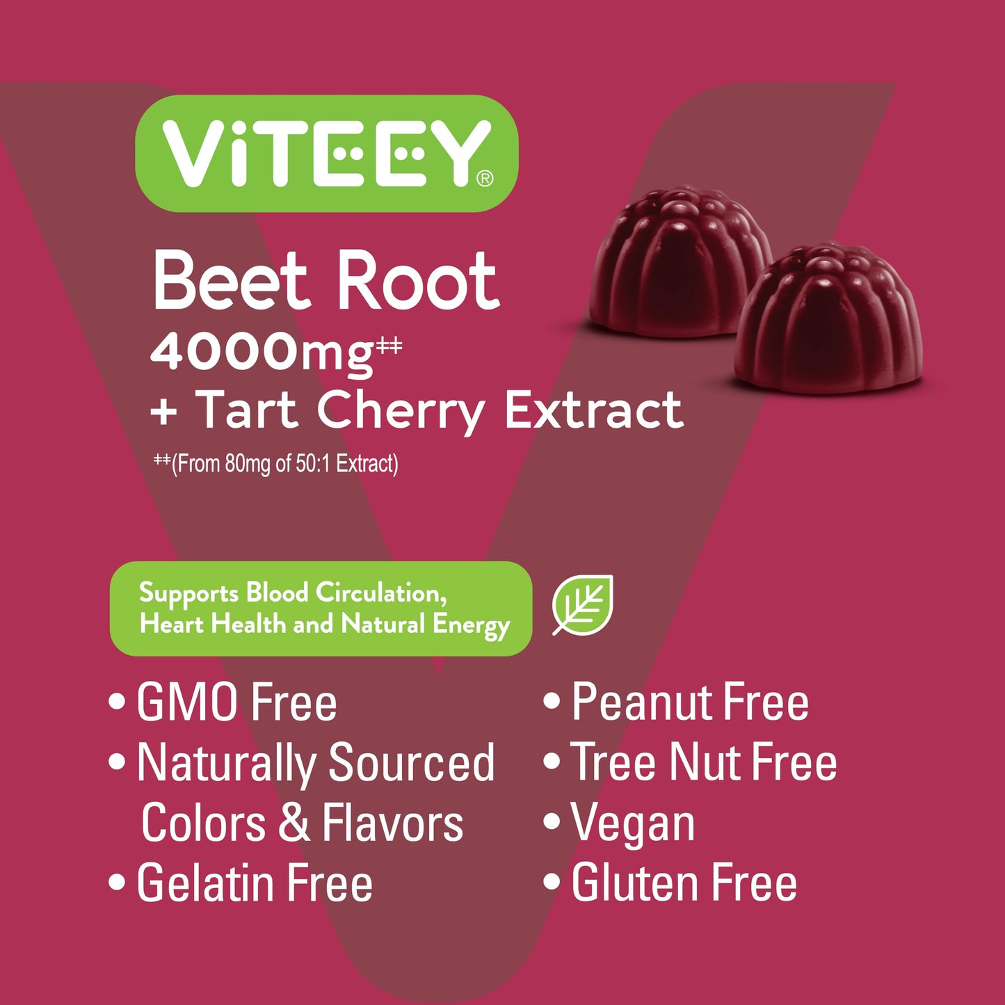 Viteey Beet Root Gummies 4000mg from 80mg of 50:1 Extract with Tart Cherry, Vegan, Gelatin Free, Gluten Free, 120 Gummies