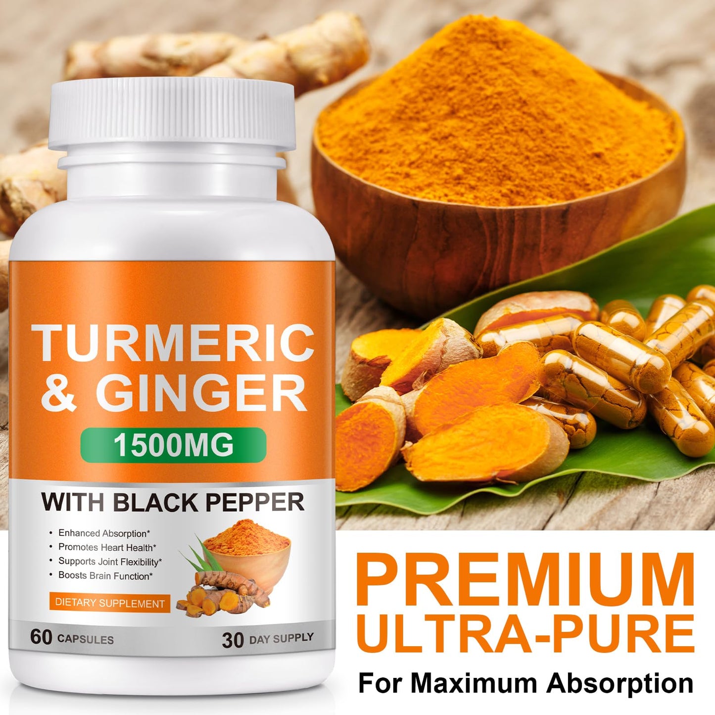 Vceeoy Turmeric and Ginger Capsule 1500mg with Black Pepper Extract & 95% Curcuminoids, Joint Pain Support, 1 Count