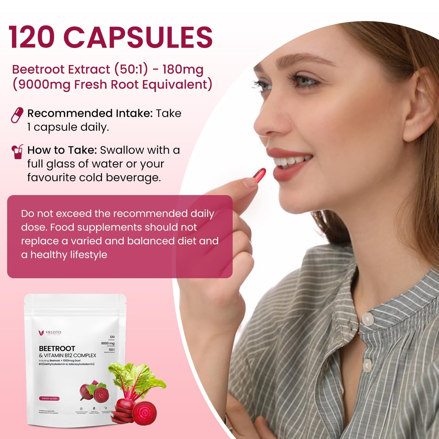 VELOTO Beet Root Extract High Strength 50:1 – 180mg per Capsule with Vitamin B12 1000mcg, Nitric Oxide & Antioxidant Support, Vegan, Non-GMO, 120 Veg Capsules