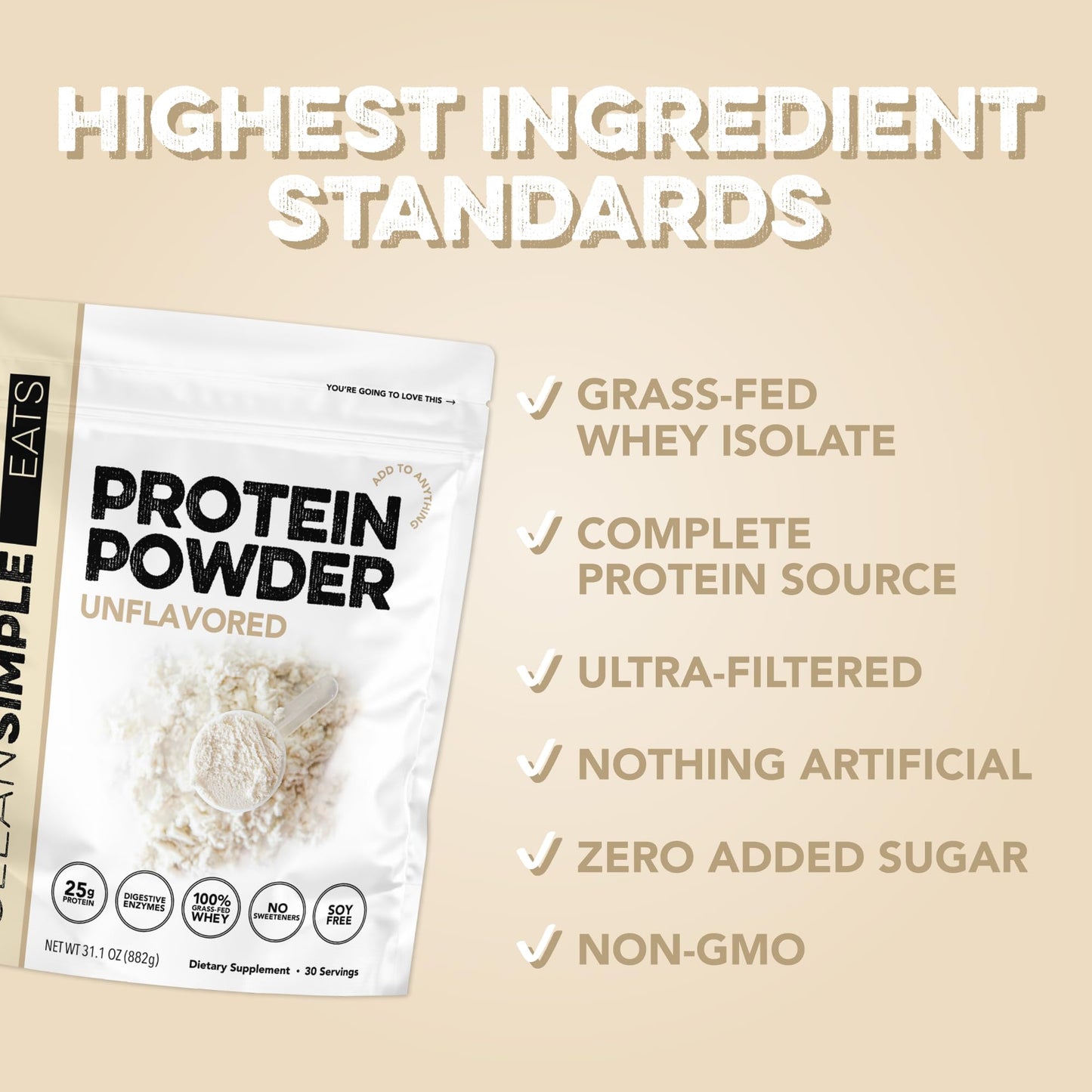 Clean Simple Eats Whey Isolate Protein Powder, Unflavored, 36 Servings