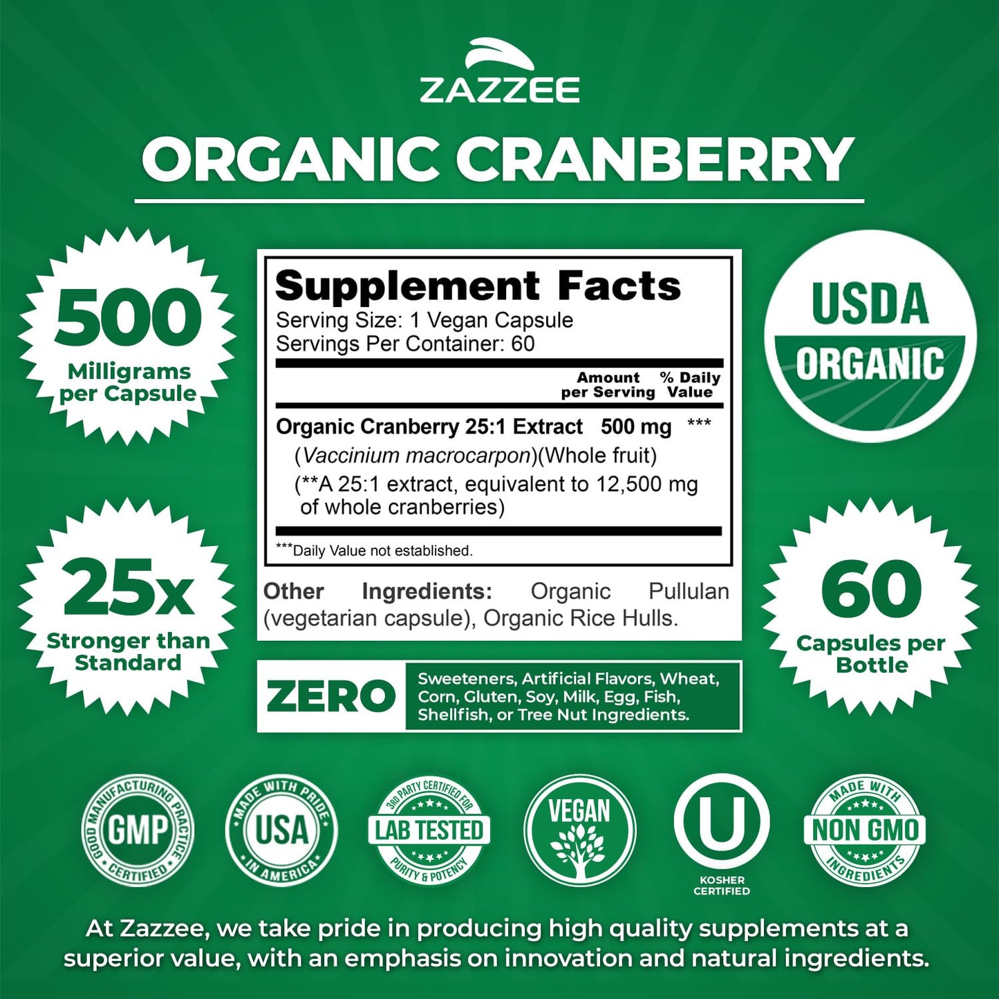 Zazzee USDA Organic Cranberry 25:1 Extract, 60 Capsules