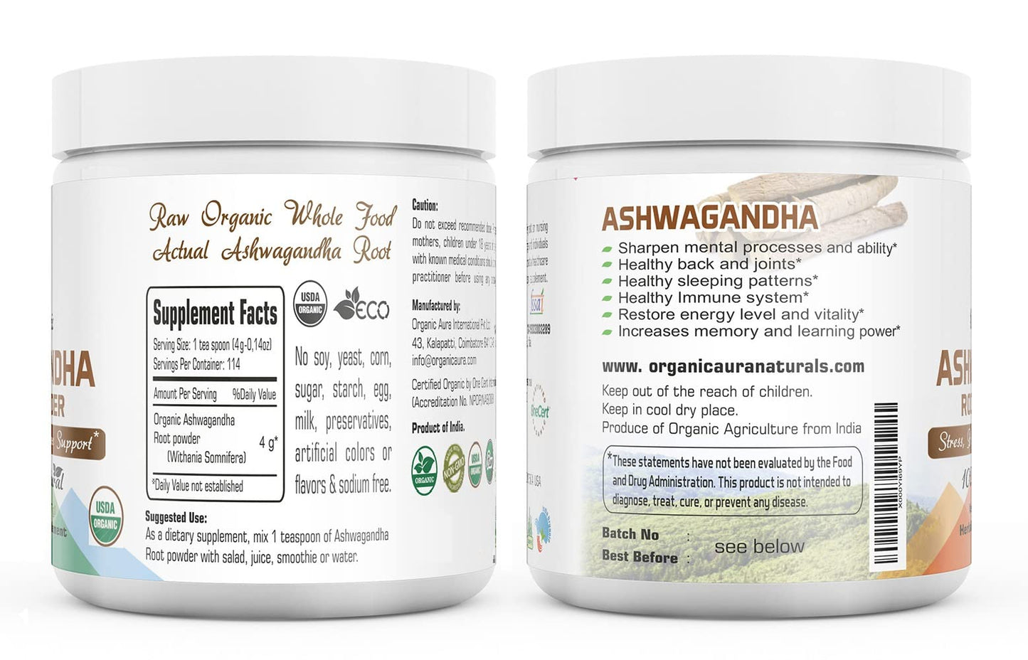 Organic Aura International Ashwagandha Root Powder 8 Oz