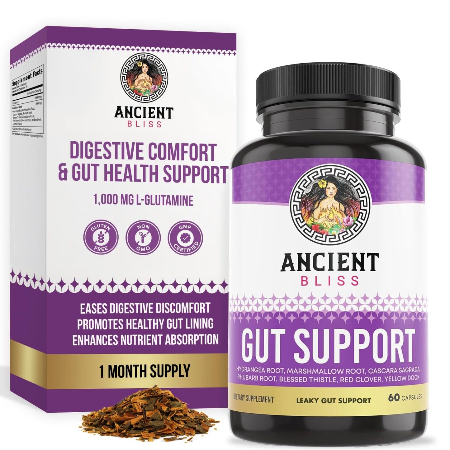 Ancient Bliss Leaky Gut L-Glutamine Capsules for Gut Support with Blessed Thistle and Hydrangea Root, 60 Capsules