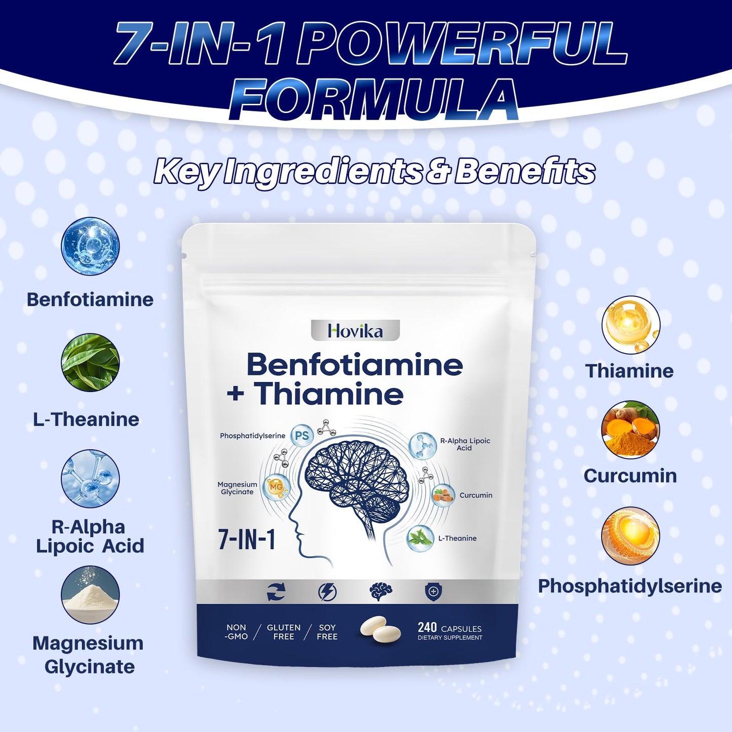 Hovika Vitamin B1 Benfotiamine 300mg with R-ALA 600mg & Thiamine - Advanced Nerve Support Supplement with Phosphatidylserine, L-Theanine, Turmeric & Magnesium - Non-GMO, Gluten Free, 240 Softgels