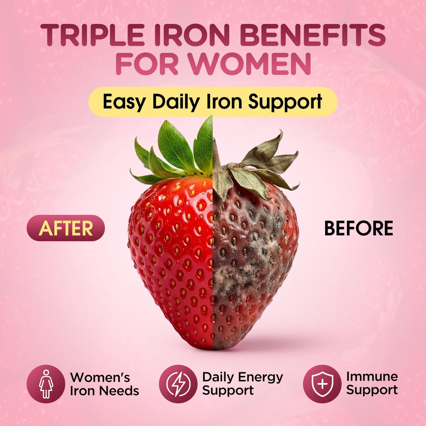 Hovika Iron Gummies for Women, Triple Iron Multivitamin Gummies with Vitamin C, A, B, Folate, Copper & Zinc – Energy & Blood Support, Immune Health, Vegan, Strawberry Flavor, 120 Gummies