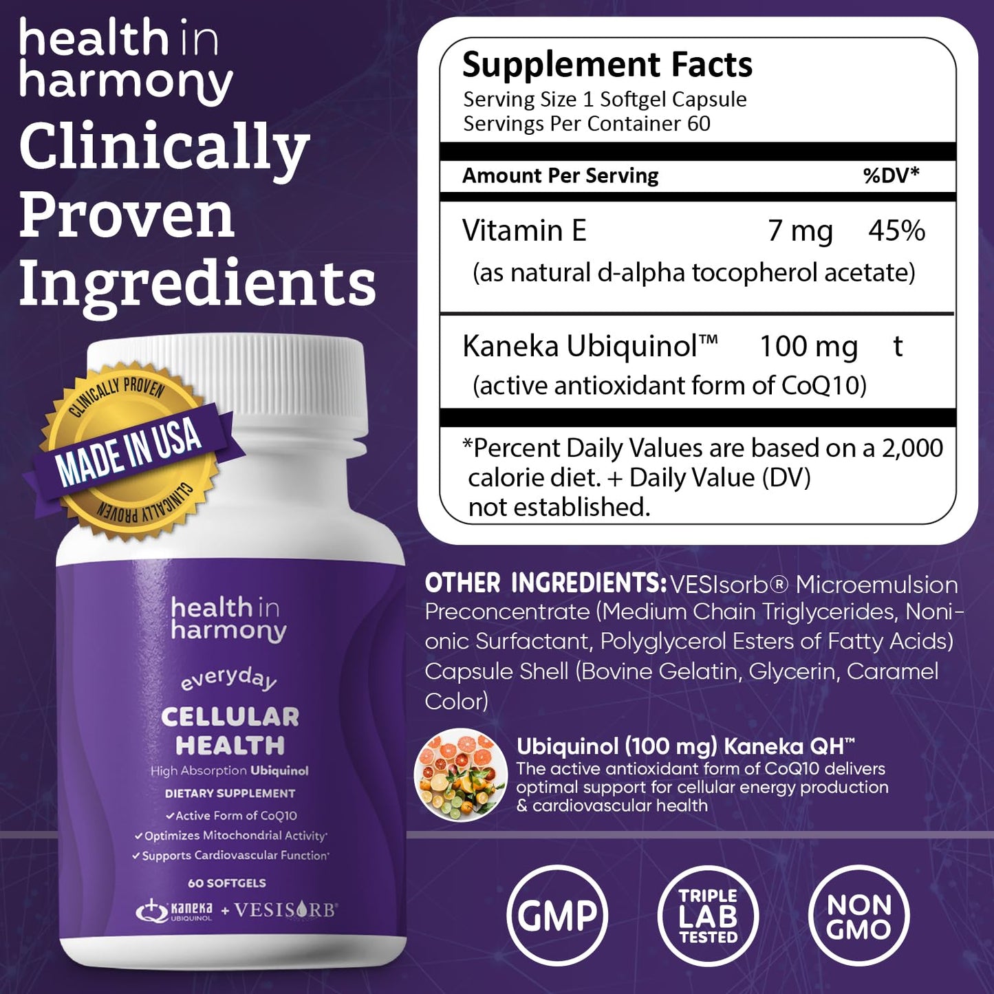 Health In Harmony Ubiquinol CoQ10 with Vesisorb Everyday Cellular Health Supplement Softgels 60